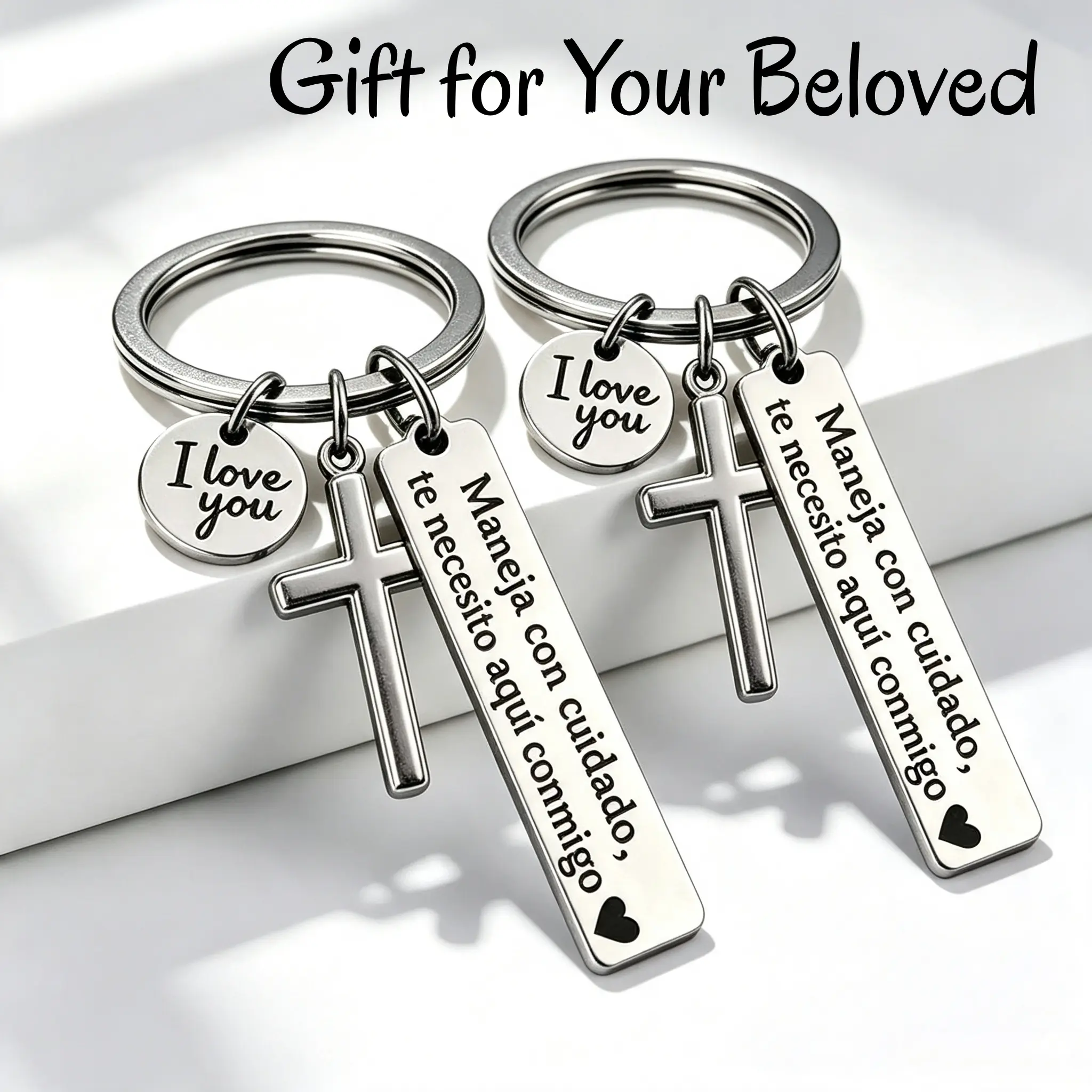 【2PCS】Stainless Steel Keychains with Chain, Cross, Heart Shape, Engraved "I Love You" Phrase, Adjustable Size, Love Message, Spanish Drive Safe Romantic Religious Gift for Couples, Stainless Steel Chain