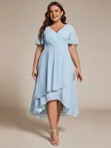 Ever-Pretty 【Plus size 】wedding guest dress ,Party Dress with V-Neck, Pleated Sleeve, Midi Length, Formal Style, Model 02084 Comfort  Womenswear ,Workwear, prom dress