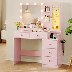 Adjustable Brightness Vanity Table with Lighted Mirror, 5 Drawers Storage Dressing Desk, Built-in Power Outlet, RGB Ambient Light & Chair for Small Bedroom