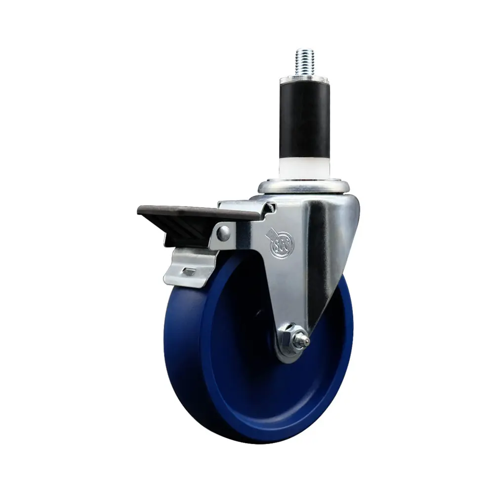 Service Caster SCC-EX20S514-SPUS-PLB-138 Solid Polyurethane Expanding Stem Swivel Casters, 5 in. Blue Wheel, 1.38 in. Stem, Posi Locking Brake, 300 lbs Capacity for Shop Projects, Work Tables