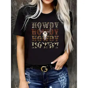1pc Women's Western Cowgirl Graphic T-Shirt - Black Distressed "HOWDY" Lettering & Skull Design, Casual Round Neck Tee, Machine Washable, Perfect Gift for Country Music Festival & Denim Lovers,  Denim Style Shirt Top Womenswear Crewneck Fitted