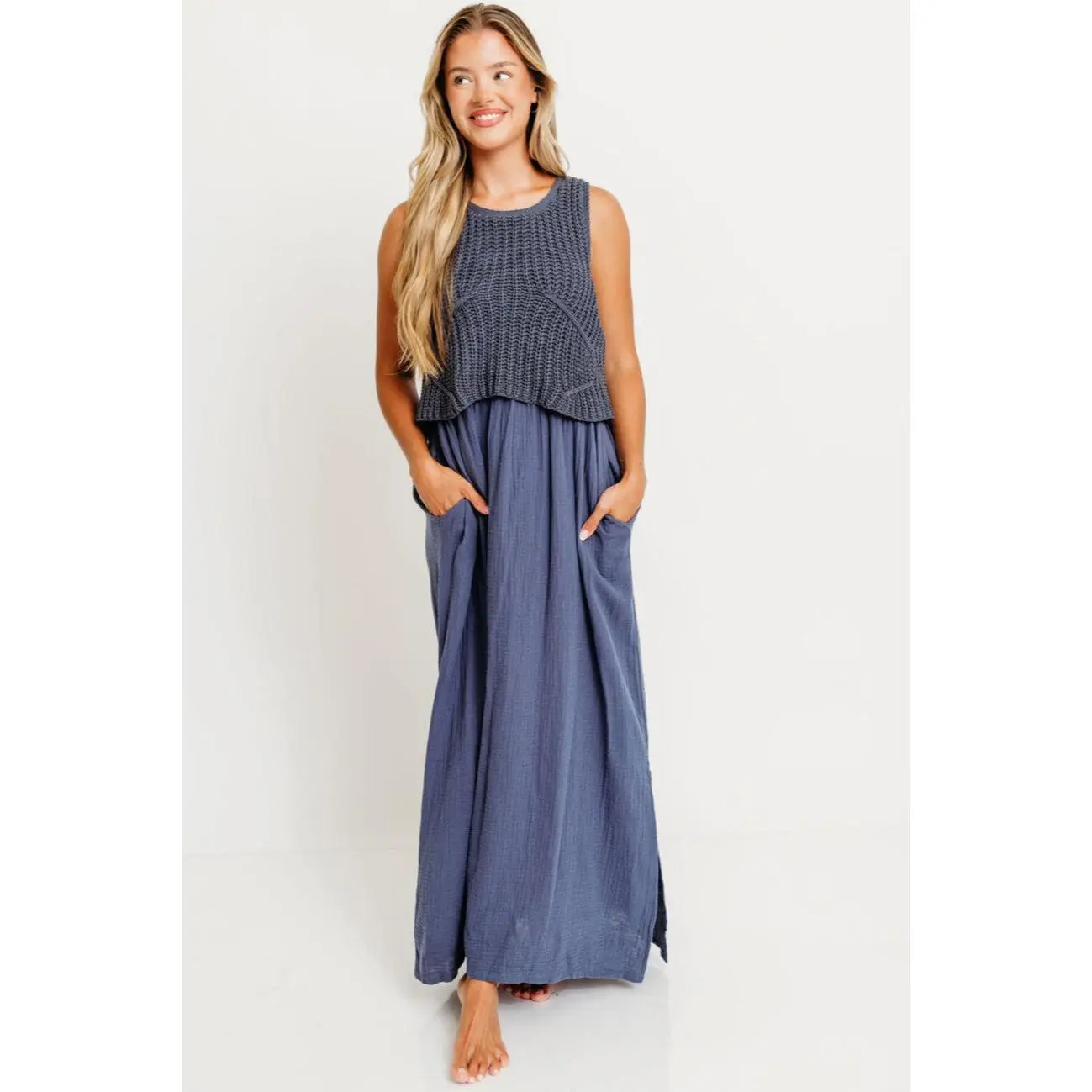 Braylee Sweater Layered Maxi Dress in Navy