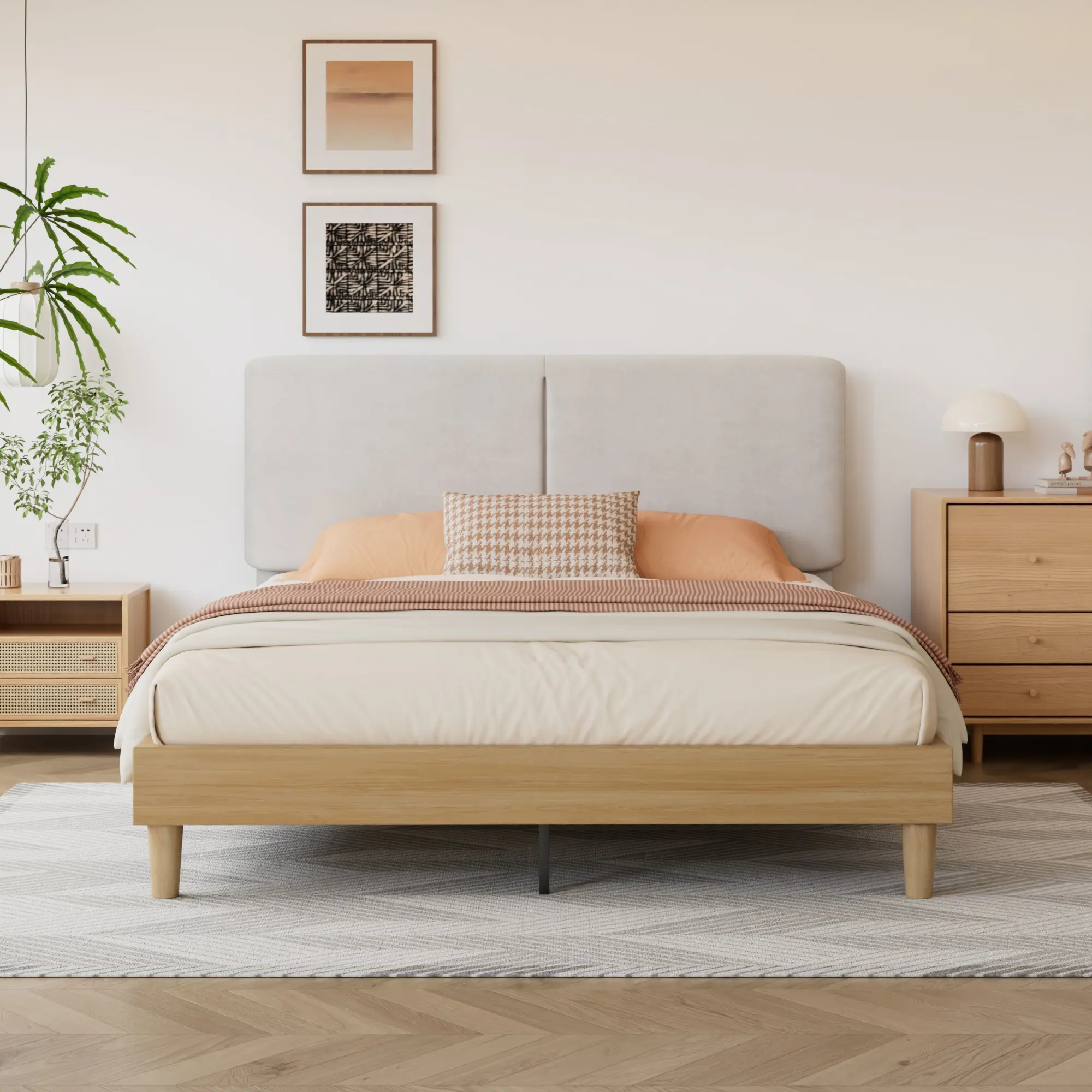 VECELO Upholstered Bed with Wooden Frame Queen Size Platform Bed Frame Fabric Headboard, No Box Spring Needed, Wooden Silent Slat Support