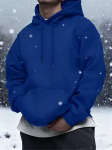 Men's Thick Casual Solid Color Plain Hoodie, Regular Fit Streetwear Drawstring Pocket Long Sleeve Pullover, Fashionable Daily Wear