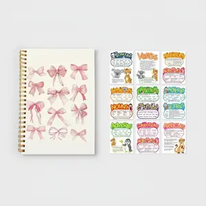 Bow Pattern Notebook & Parts Of Speech Cards Bundle, 1 Pink Bow Journal 5.5x8.3in Spiral Bound Notepad with 10 Educational Paper Poster Cards for Classroom and Homeschooling Use