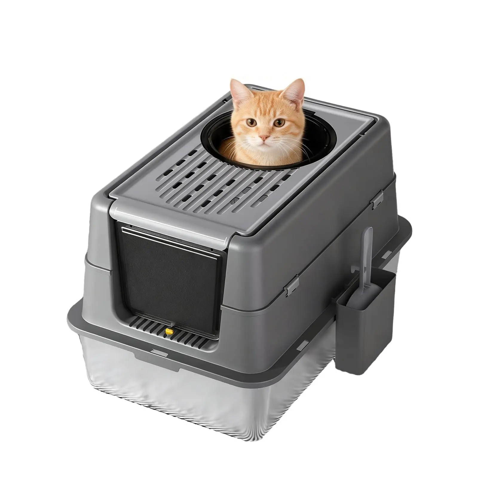 Stainless Steel Cat Litter Box, XL Enclosed Litter Box with Double Layer, Hygienic Anti-Odor Tray, 20cm High Base, Large Capacity Design, Light Black