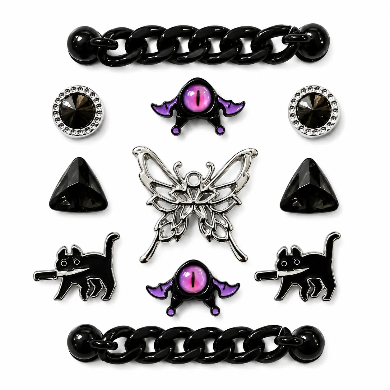 11PCS Halloween Dark Gothic Decorative Charm Kit - Purple Eye, Silver Butterfly, Black Cat, Crystal Stud, Chain Rhinestone Shoe Decoration Charms for Clogs, Clog Sandals Decor, Dark Party Use