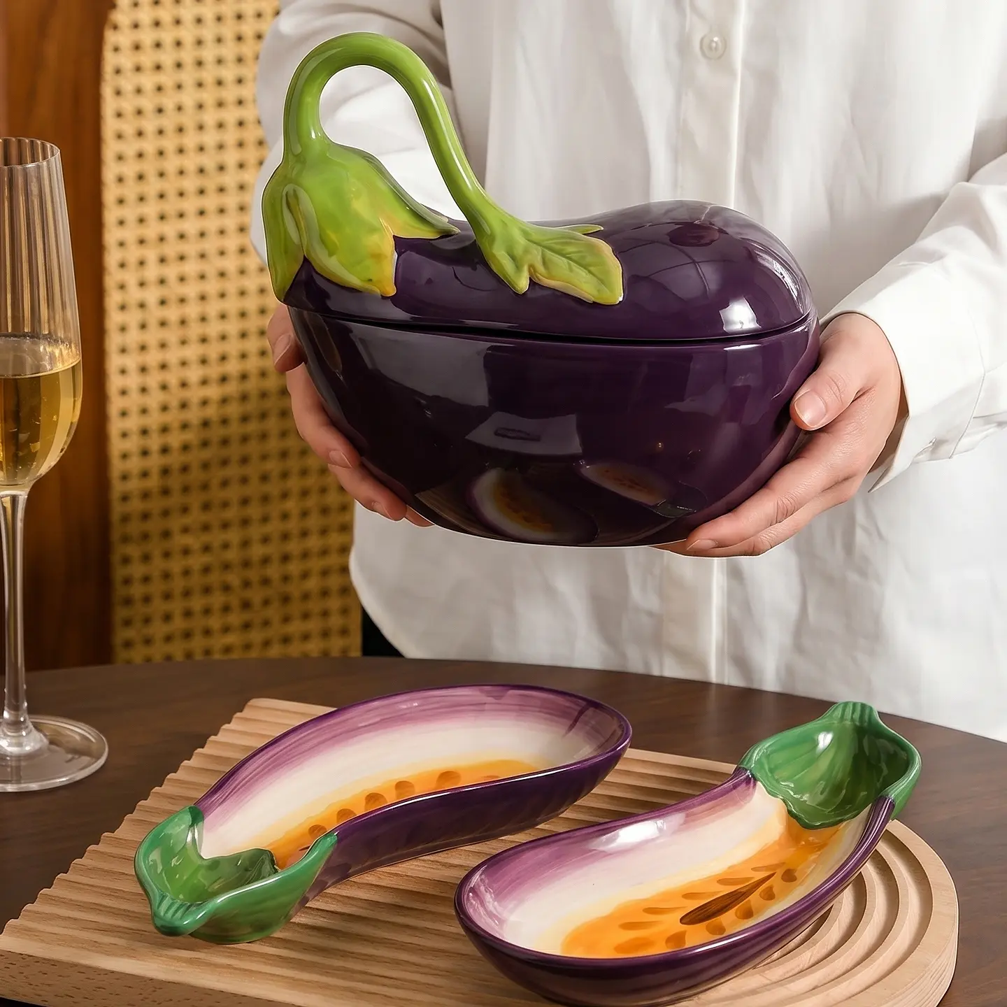 Aubergine tableware,Vegetable shaped dish,Lidded soup bowl,Serving plate,9 inch bowl,12.5 inch plate,1250ml 42 oz,Hand painted craft,Premium ceramic,Purple ceramic,Ramen serving,Stew bowl,Salad plate,Pasta plate,Dishwasher safe