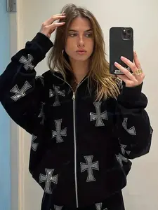 Women's Easter Geometric Cross Print Zip Up Hoodie, Graphic Hoodie, Gothic Printed Hoodie, Casual Fabric Longsleeves Zipper Hooded Top for Fall & Winter, Lady Back To School Clothes for Daily Wear, Comfort Fitted Womenswear, Sweatshirts
