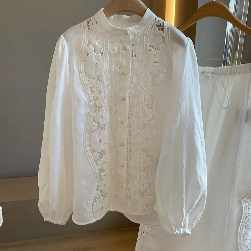 White Hollow Embroidery Blouse &Midi Skirt Two Piece Set