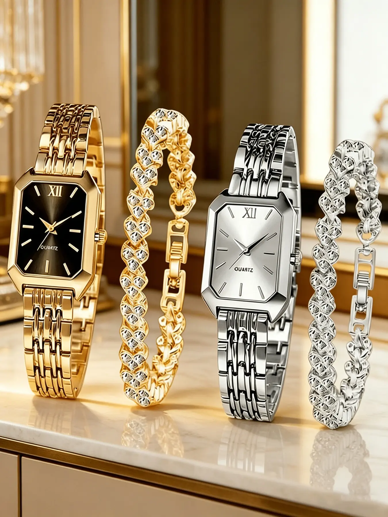 Casual Fashion Lady Shi Ying Square Dial Quartz Watches and Bracelets Set Holiday Gifts for Lovers, Mothers and Friends. Analog Watch Set Elegant Quartz Watch