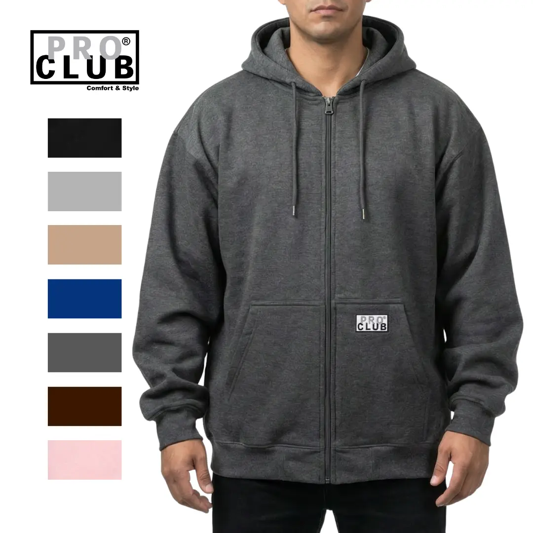 PROCLUB Men's Heavyweight Full Zip Fleece Hoodie Pro club Slash Pockets Casual Warm Heavy Plain Cotton Hip Hop Fitted Relaxed Fit