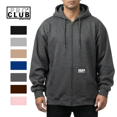 Pro Club Men's Heavyweight Long-Sleeve Zip Fleece Hoodie - Cotton-Polyester Fabric, Relaxed Fit, Front Zipper, Pockets, Adjustable Hood, Lycra Rib Cuffs, Classic Plain Top, Cold Wash Safe, Ideal for Work