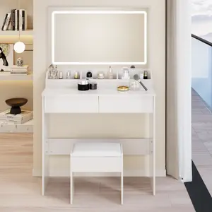New Upgraded 31" x 20" Large LED Makeup Vanity Table Set with Cushioned Stool, Touch Control Light, 3 Color Modes & Adjustable Brightness, Large Storage Dressing Table, Compact Vanity Desk for Small Space Bedroom