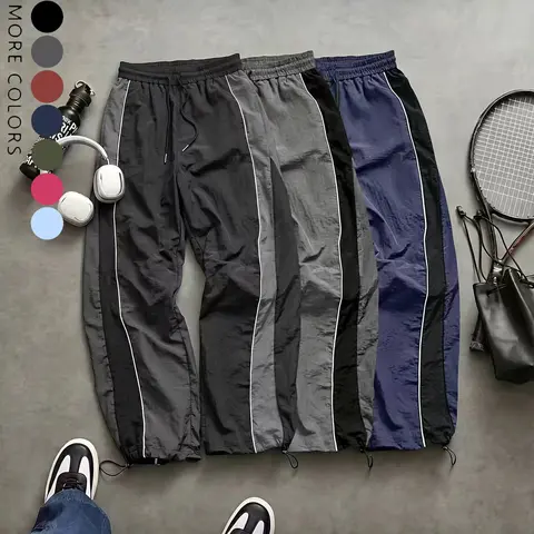 Men's High-Street Casual Comfy Loose Fit Mid Waist Wide-Leg Pants - Contrast Panels, Side Stripes, Drawstring, American Retro Drapey Park Style Sportswear, Spring & Summer, Multi-Color Options