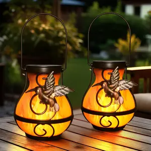 2 Pack Solar Lanterns for Outside ,Solar Garden Lights Outdoor  with Flickering Flame,Led Lantern for Patio Yard Camping Halloween Decorations,Gardening Gifts for Mom