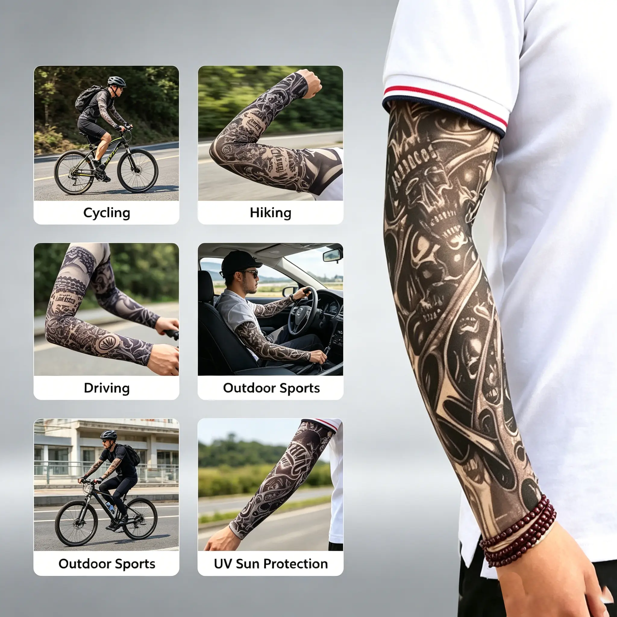 5STYLE Tribal Skull Tattoo Art Cooling Protective Upper Arm Sleeves - Stretchy, Breathable Fake Covers for Men - Adds Bold Style Statement, Ideal for Motorcycle Riding, Outdoor Sports