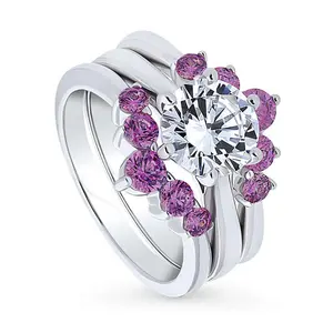 BERRICLE Sterling Silver Solitaire 5-Stone Wishbone Engagement Rings Statement Stackable Band for Women, 2 Carat Round Cut Cubic Zirconia CZ Ring Set
