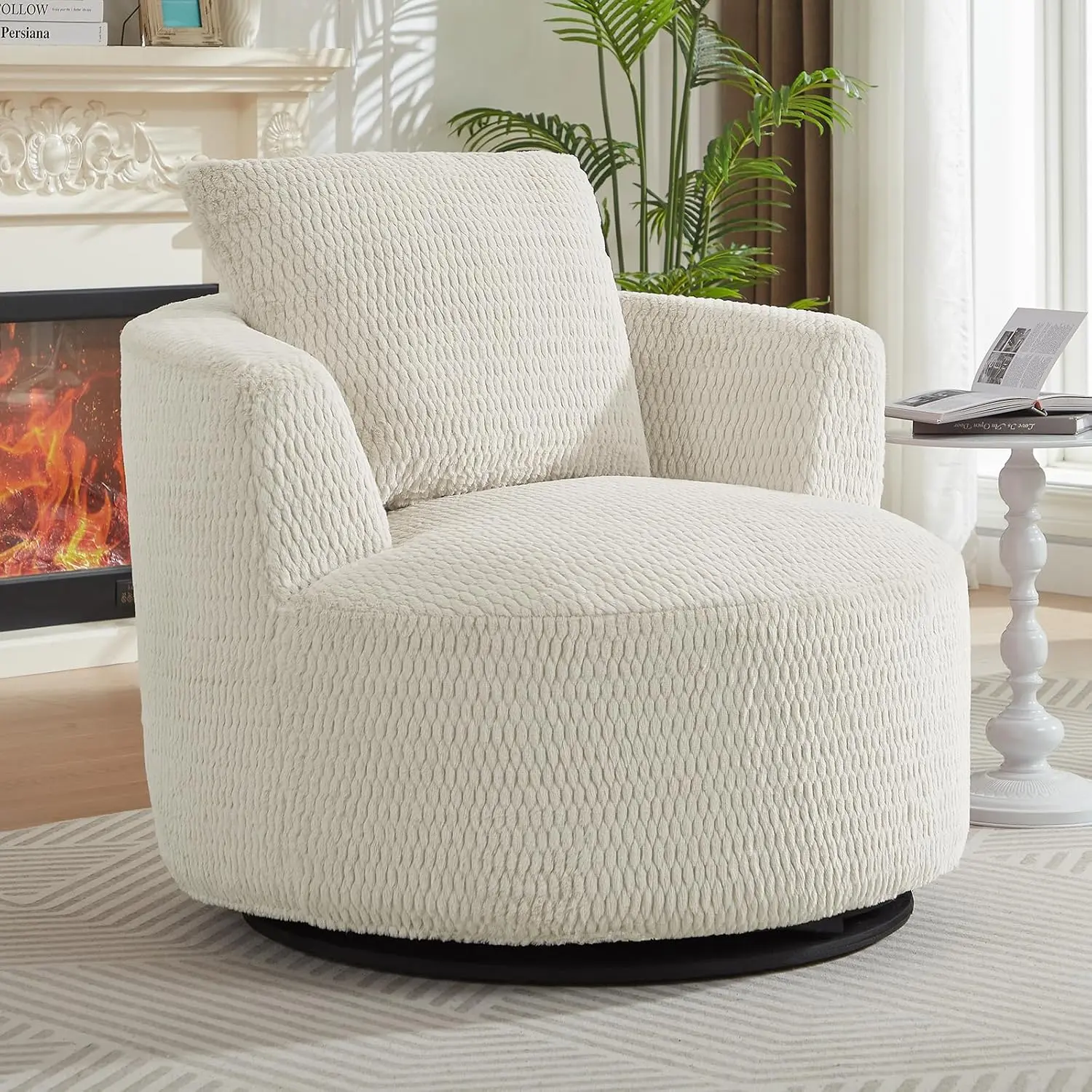 39.4" Wide Swivel Accent Chair, Modern 360° Rotating Barrel Chair with Metal Base, Club Single Sofa Chenille Armchair for Living Room Bedroom Reading Room Office (Cream)
