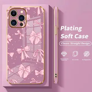 Full screen pink bow tie Soft&Flexible Electroplating TPU Silicone Phone Case For iPhone 17 Pro Max AIR 16 15 14 13 12 11 Plus Cases Durable|Shockproof|Full Camera Protection|Anti-Scratch|Non-Slip|Slim Fit|Gift For Girlfriend/Men/Women