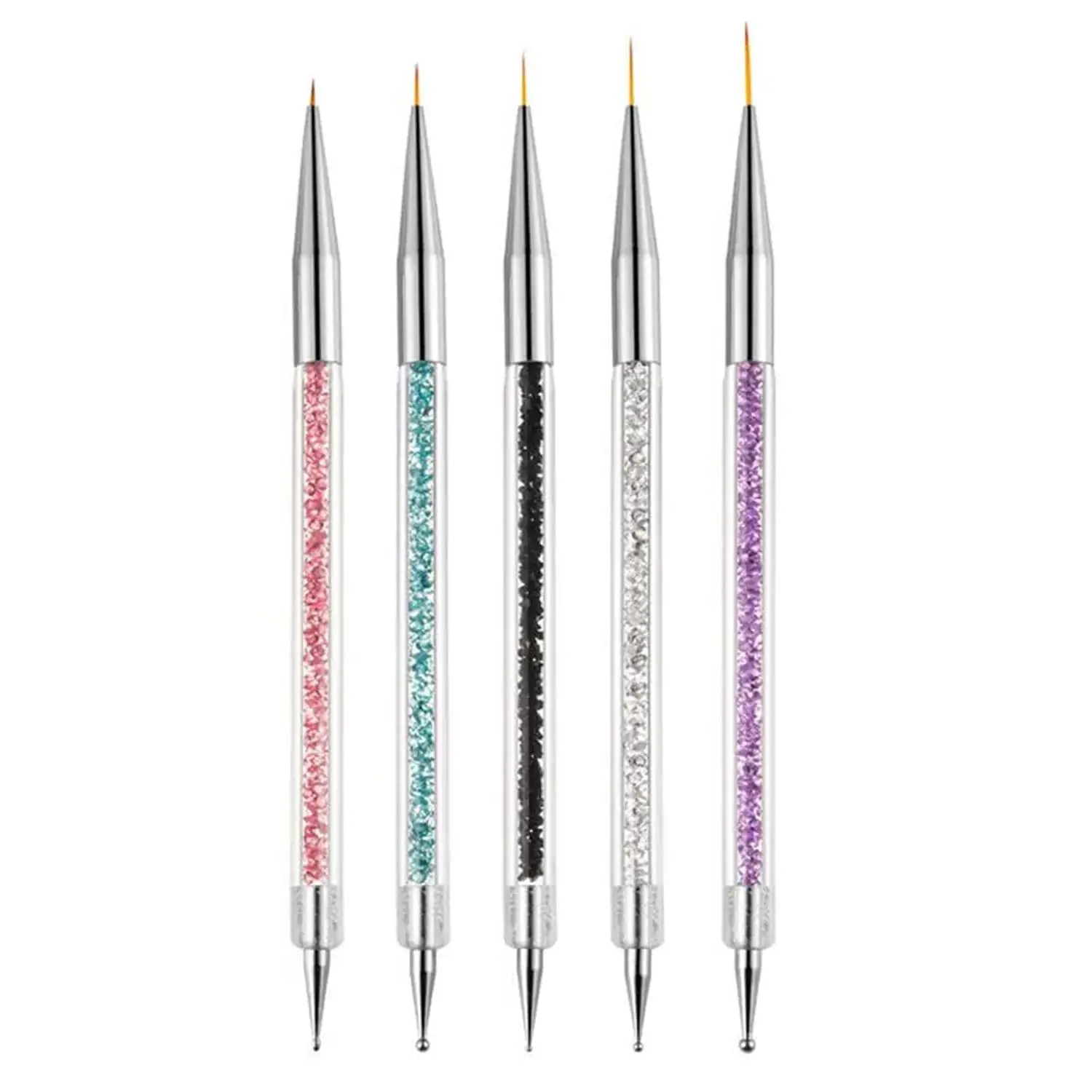 Nail Art Brushes, 5pcs Double-Ended Acrylic Nail Brush Set with 5/7/10/12/15mm Nail Liner Brushes and Dotting Pens for French Nails