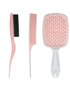 3 Piece Hair Comb Set, Hollow Back Honeycomb Comb, Rattail Comb with Edge Brush, for Curly Thick Long Wet Dry Hair, Hair Brushes Styling Tool