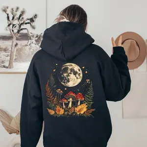 Men's Unisex Mushroom Moon Pullover Hoodie - Pastoral Goblin Style, Comfortable Sweatshirt Tops