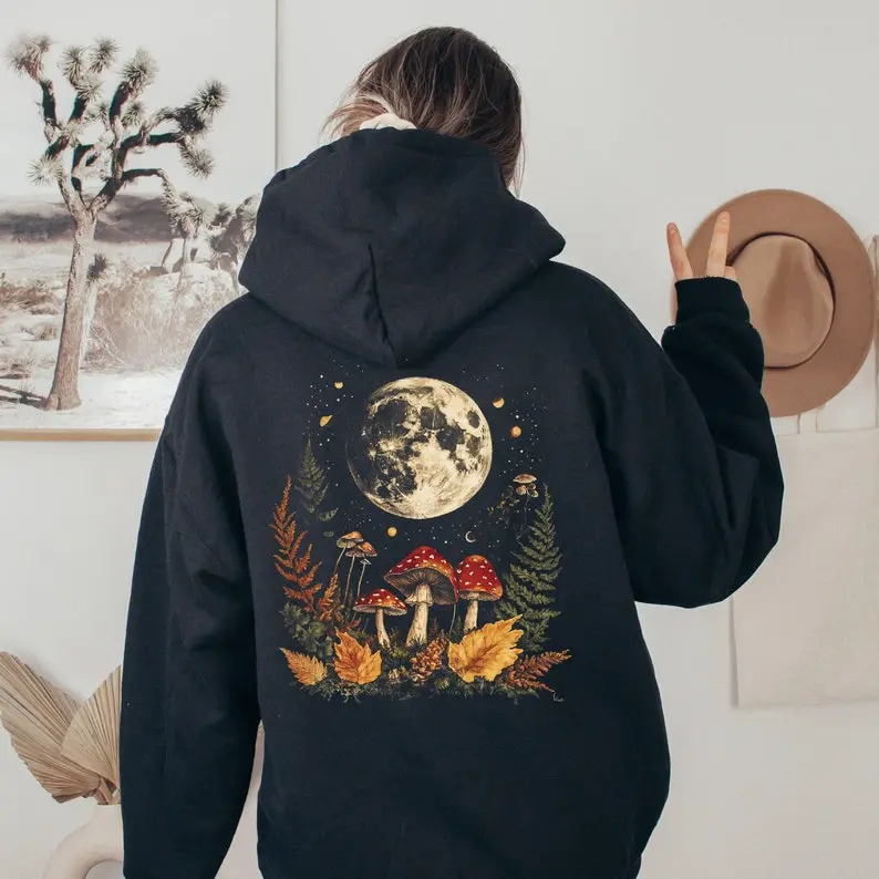 Men's Goblincore Hooded Sweatshirt, Dark Pastoral Graphic Pullover with Mushroom Moon Print, Relaxed Fit Long Sleeve DTF Print Tops, Menswear Sweatshirts, Longsleeves, Moon Mushrooms, Loose