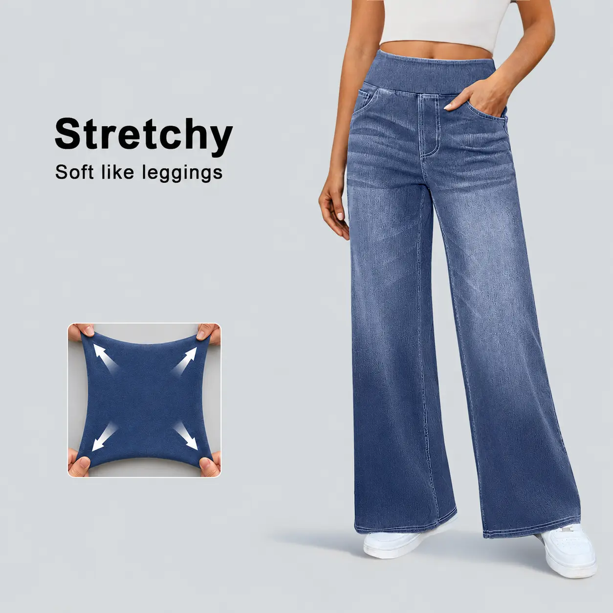 FireSwan Jeans for Women, High Rise Wide Leg Relaxed Fit, Pull-On Stretch Denim Pants with Elastic Waist and Pockets, Streetwear Women's Clothes, High Rise Denim