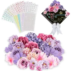 CHENGU 40 Pcs DIY Graduation Cap Decoration Kit Include 18 Assorted Artificial Flower Heads 14 Sheets Glitter Number Letter Stickers 7 Sheets Rhinestone Stickers and Bowknot Ornament for Grad(Purple)