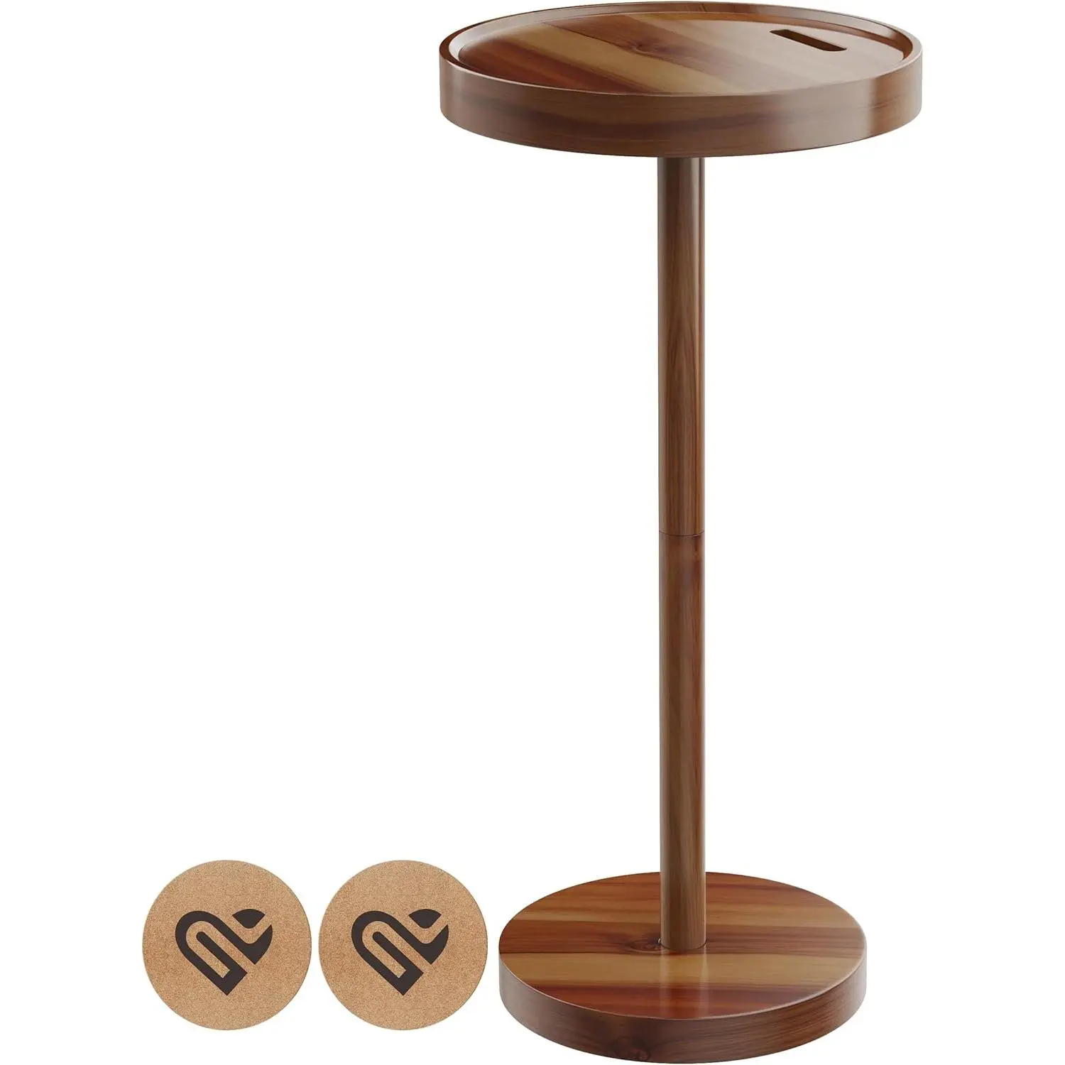 24 Drink Table  Tall Small-Space Pedestal Side Table with  Base, Phone Holder & 2 Coasters   Accent Style End Table for Sofa, Bedside, Balcony or Living Room