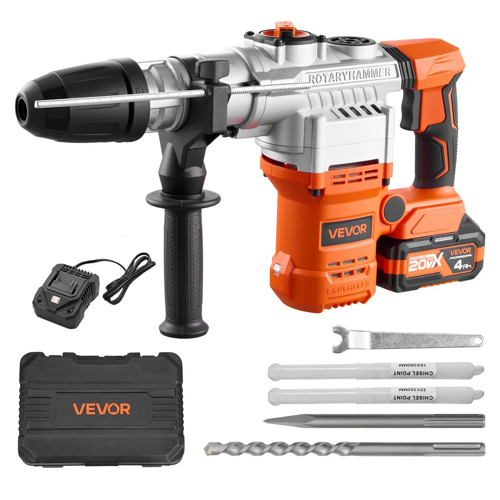 【summerfinds】VEVOR 1-9/16 in SDS-Max Cordless Rotary Hammer, 20V Heavy Duty Portable Drills, 2 Batteries, Charger, Drill Bit, Pointed Chisel, Carrying Case for Concrete, Masonry