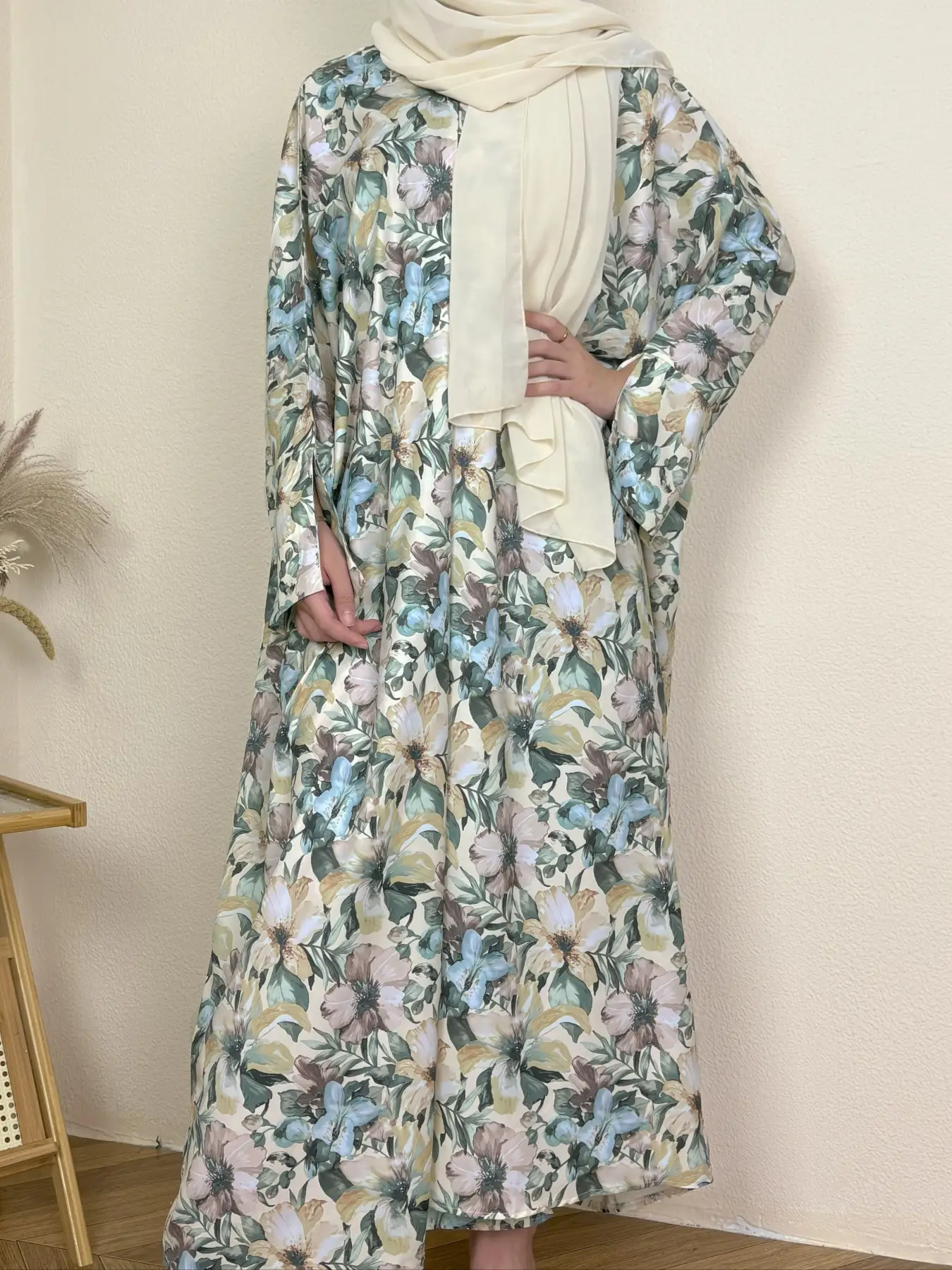 Elegant Floral Print Abaya Set with Headscarf, Two-Piece Long Robe Cardigan, Casual Vacation Party, Women's Fashion Clothing