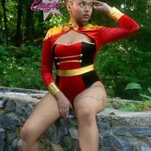 Sexy Ring Master Red & Black Bodysuit with Gold Accents and Long Sleeves for Women