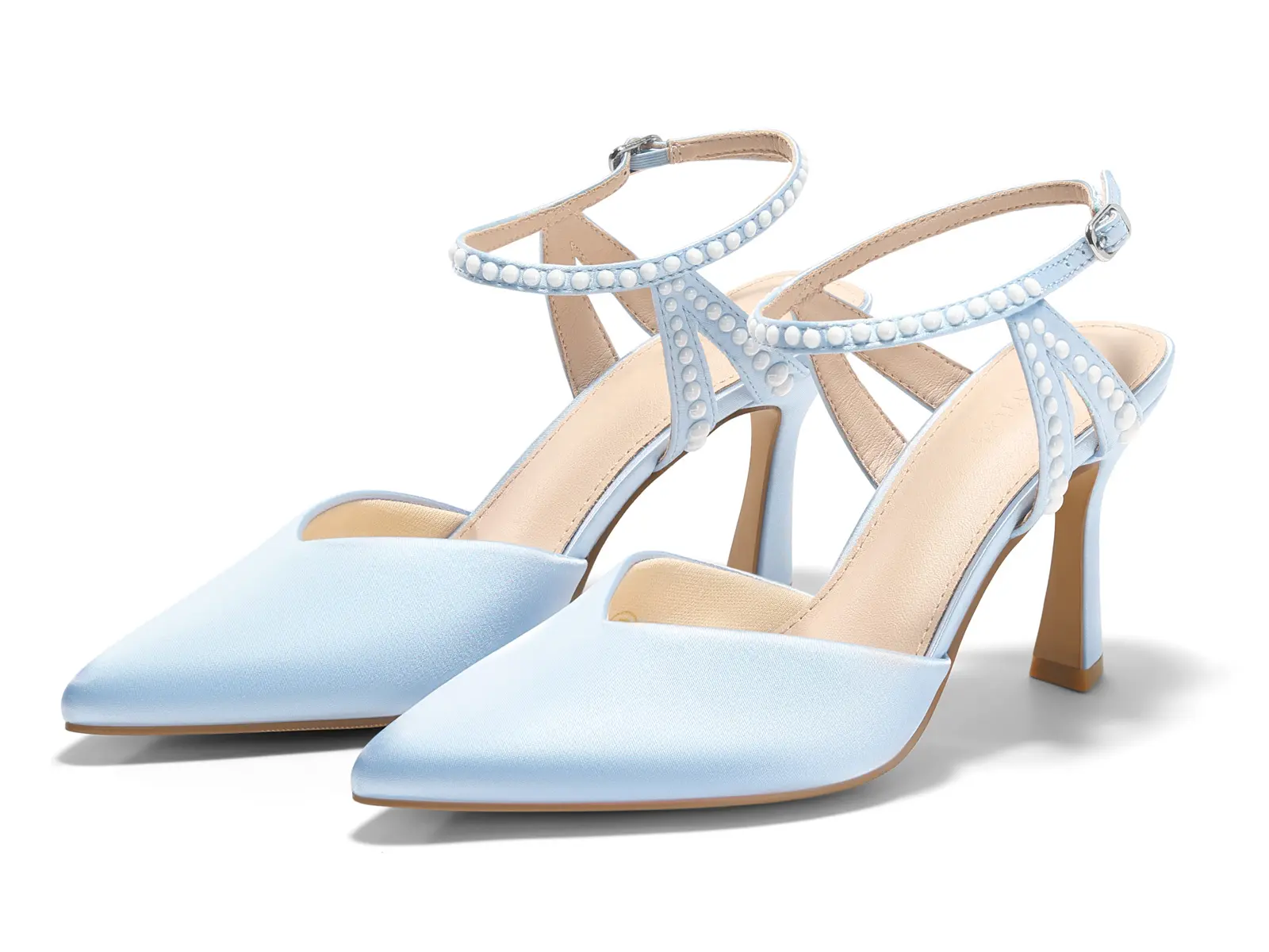 Coutgo Women's High Heels Closed Pointed Toe Satin Pumps Pearl Ankle Strap Wedding Party Dress Shoes