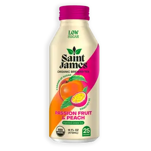 Saint James Organic Brewed Tea Passion Fruit & Peach 16 FL OZ 473mL Low Sugar 25 Servings USDA Organic Green Tea