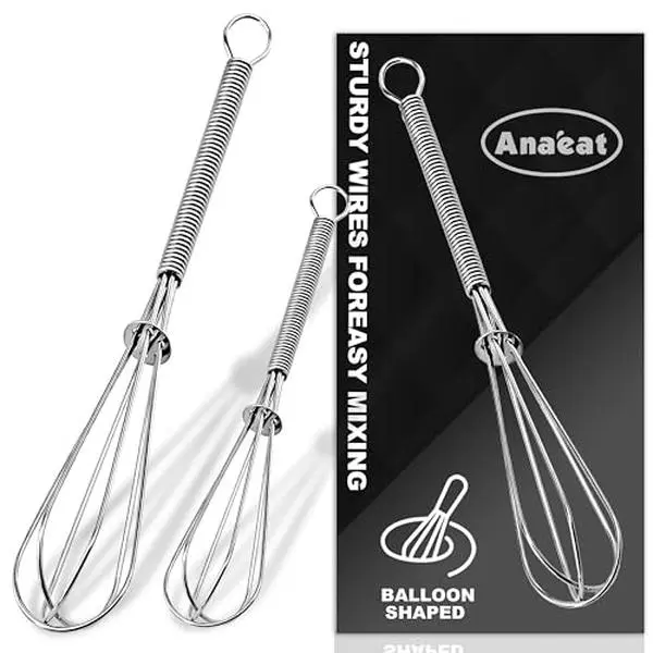 Anaeat Small Wire Whisk Set of 2, Portable Stainless Steel Kitchen Tiny Whisk & Egg Beater with Thick Wire - Sturdy Mini Mixing Balloon for Cooking, Blending, Whiping, Beating and Stirring (6" + 8")
