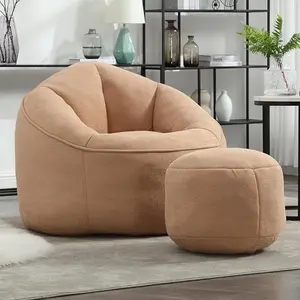 Bean Bag Chair for Adult, Microfiber Upholstered Bean Bag Sofa with Petal Back, Shell-Shaped Beanbag Chair with Footstool, Memory Foam Stuffed Lazy Sofa for Living Room, Bedroom (Tan)