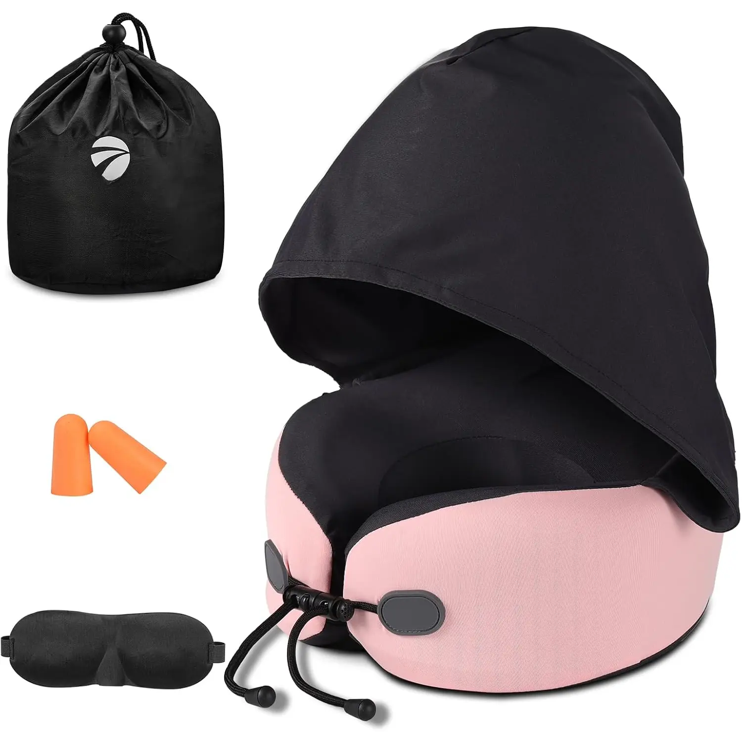 Synthetic Memory Foam Hooded Travel Pillow - Built-in Hood, Adjustable Chin Support, Dual-Density, Breathable, Durable, Cold-Washable, Portable for Airplanes/Office, Includes Eye Mask & Earplugs