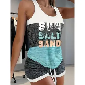 2026 New Women'S Casual Printed Round Neck Tank Top Paired with Solid Color Lace-Up Shorts Two-Piece Set Gifts  Gifts