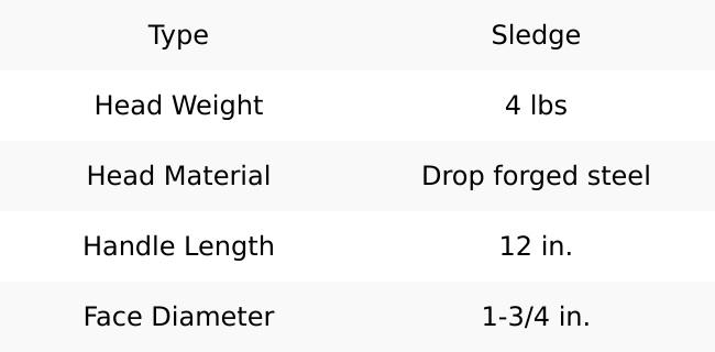 Wilton WL9-20412 4 Lb Head, 12" BASH Sledge Hammer Wilton WL9-20412 4 Lb Head, 12" BASH Sledge Hammer