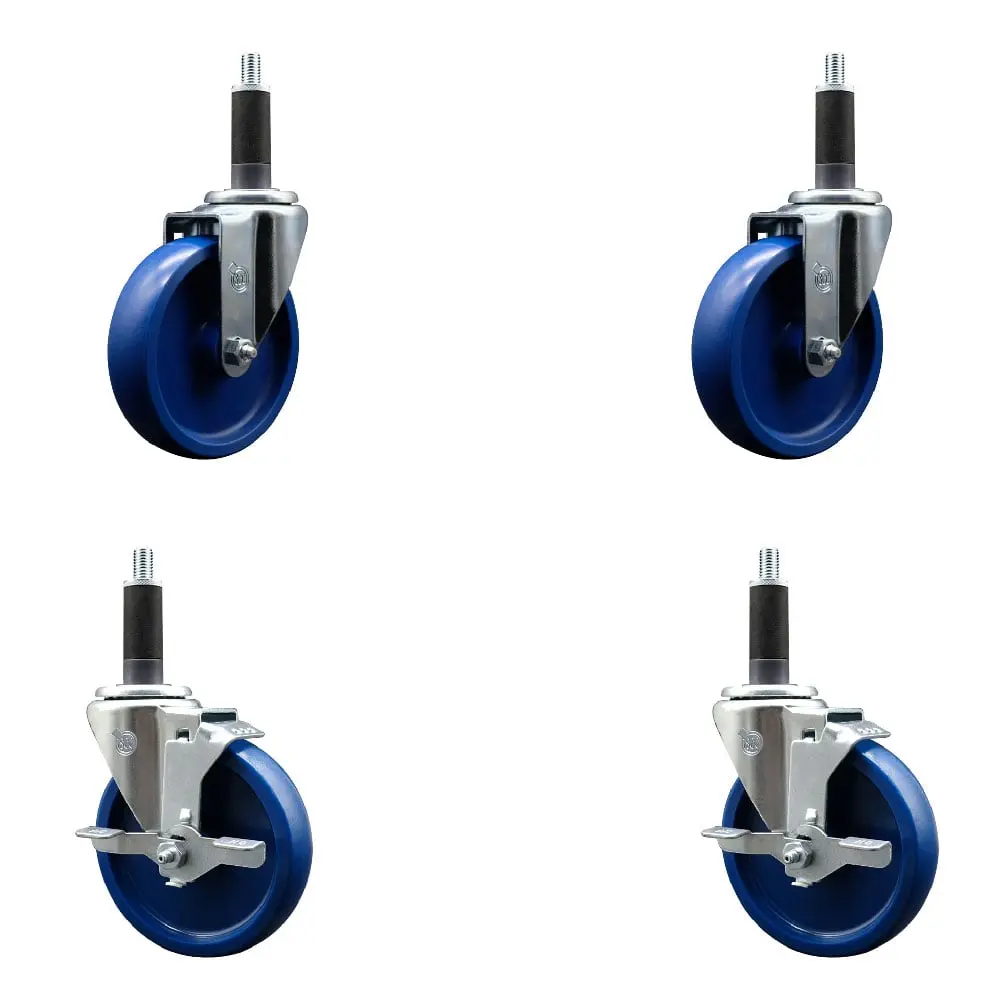 212 MAIN Heavy Duty Steel Castors (4-Piece Furniture Moving Wheel Set) - 5 in. Blue Solid Plastic Lockable Wheels, 1 in. Expanding Swivel Stems, Top Locking Brakes for Round/Square Tubes, Work Tables (SCC-EX20S514-SPUS-2-TLB-2-1)