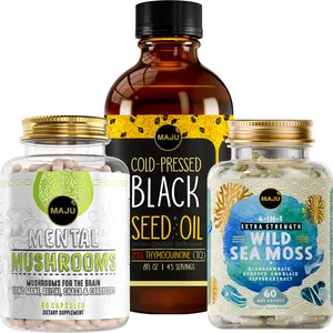 MAJU Easy Immunity Bundle - Black Seed Oil, Nootropic Mushroom Pills & Wild Sea Moss Capsules - Edible Dietary Supplement, Promote Healthcare, Fitness Fermented Beet Maca Root Vitamin