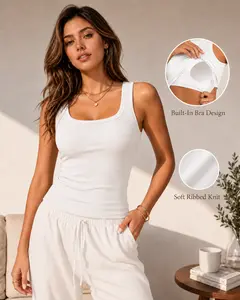 Women's Built In Bra Tank Top, Ribbed Square Neck Padded Camisole, Soft Stretch Sleeveless Basic Top for Daily Wear