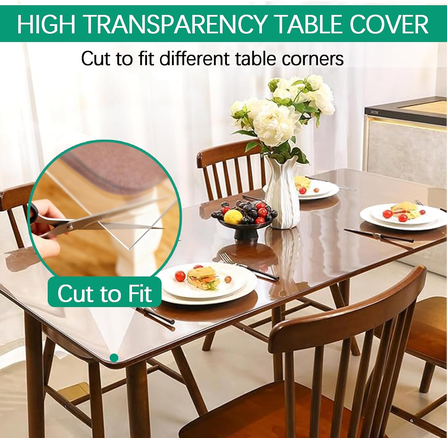Transparent crystal white PVC tablecloth, 1.5 mm thick, highly flexible, waterproof, oil-proof, heat-resistant, stain-resistant, tear-resistant, durable, non-fading, suitable for dressing tables, countertops, bedside tables, and dining tables