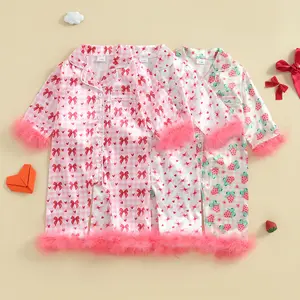 Kids Newborn Baby Girl Pajamas Bow/Strawberry Bunny Floral Print Long Sleeve Romper  Jumpsuit Button Down Nightgown Infant Silk Pjs Baby Sleepwear