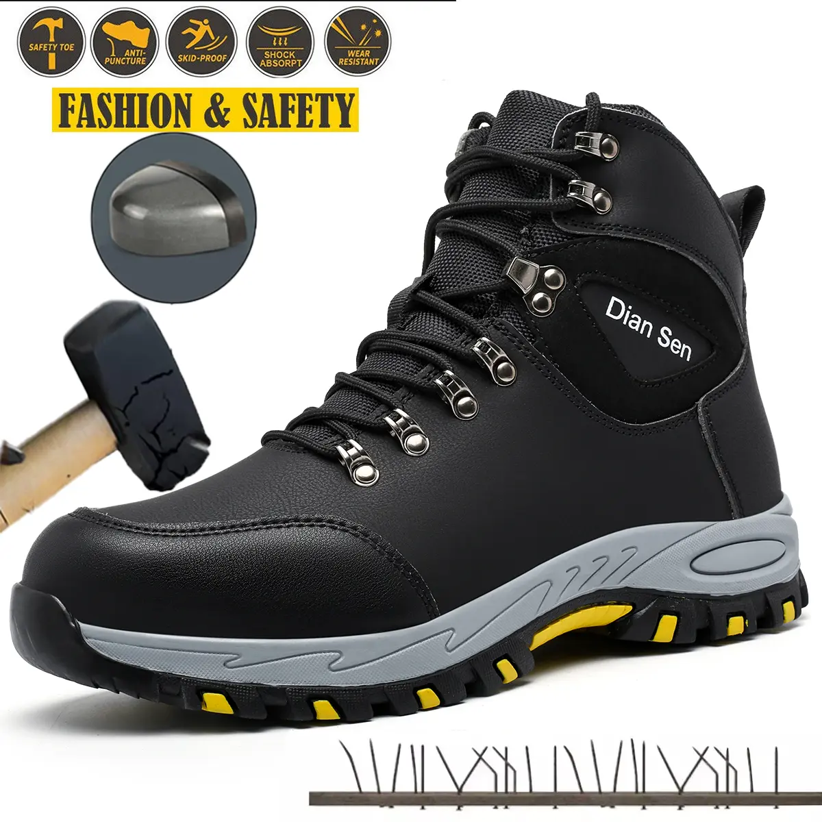 Men's Steel Toe Safety Shoes - Mesh Round Toe Worker Footwear with Anti-Smash, Anti-Puncture, Lightweight, Wear-Resistant Features, Minimalist Fabric Walking Shoes for Construction Sites, Factories, Shoe, Laces