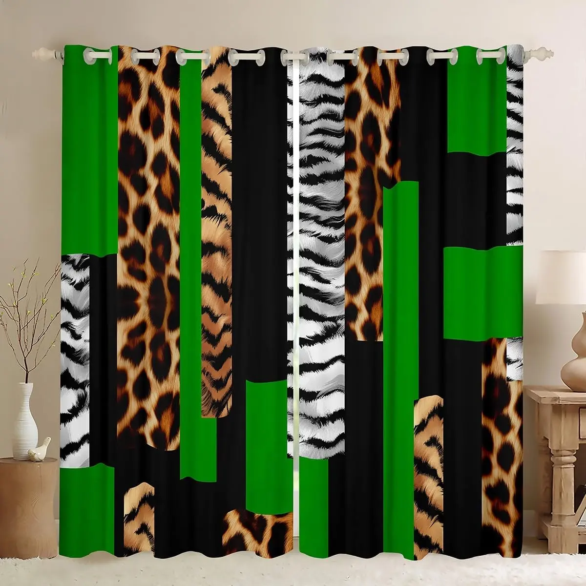 Leopard Curtains for Bedroom Living Room Cheetah Green Black Blackout Curtains (2 Panels) Animal Fur Print Darkening Dreapes Decor Safari Window Treatments Zebra