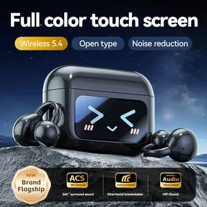 Wireless clip-on earbuds with full-color touch screen, Bluetooth 5.4, active noise reduction, Water proof, HiFi lossless sound, HD calls. Type-C charging, long battery life, stable and comfortable for sports. Black & purple, compatible with iOS & Andro