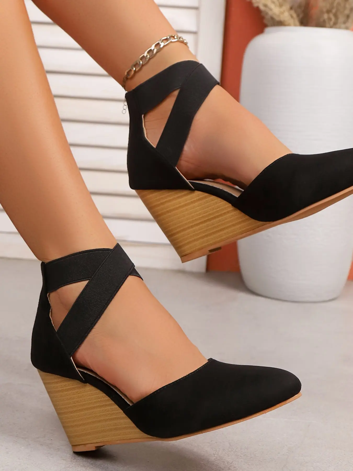 Women's Pointed Toe Wedge Shoes, Elastic Ankle Strap Wedge Shoes, Velour Commuter Shoes, Casual Office Ready High Heel Shoes, Elegant, Classy, Stylish, High Heels Shoes
